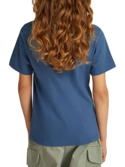 T-shirt en coton bleu uni avec un col rond et le logo de la marque imprimé