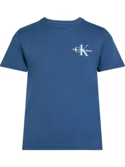 T-shirt en coton bleu uni avec un col rond et le logo de la marque imprimé