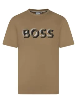 T-shirt en coton camel à imprimé avec une coupe droite et un col rond