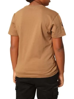 T-shirt en coton camel imprimé avec un col rond et des manches courtes