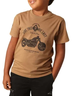 T-shirt en coton camel imprimé avec un col rond et des manches courtes
