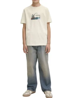 T-shirt en coton écru avec un imprimé squelette et un col rond