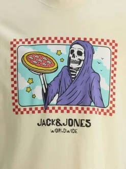 T-shirt en coton écru avec un squelette imprimé et un col rond