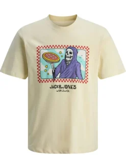 T-shirt en coton écru avec un squelette imprimé et un col rond