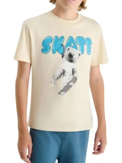 T-shirt en coton écru imprimé avec une coupe droite et un col rond