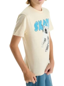 T-shirt en coton écru imprimé avec une coupe droite et un col rond