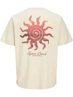 T-shirt en coton jaune uni avec un soleil et une coupe droite à col rond