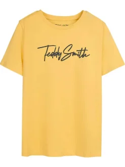 T-shirt en coton jaune uni à col rond avec le nom de la marque imprimé