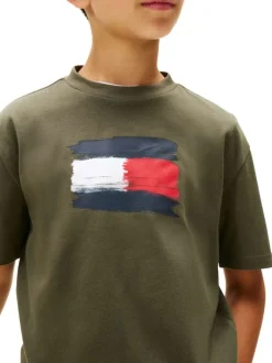 T-shirt en coton kaki à imprimé fantaisie avec un col rond