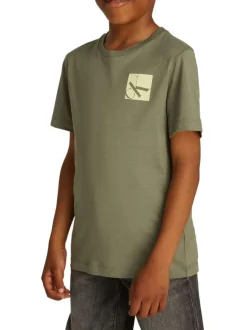 T-shirt en coton kaki chiné avec une coupe droite un col rond et le logo imprimé