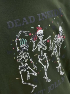 T-shirt en coton kaki imprimé Noël avec une coupe droite et un col rond