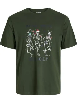 T-shirt en coton kaki imprimé Noël avec une coupe droite et un col rond