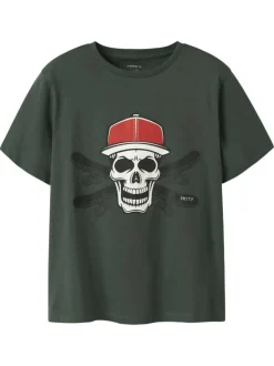T-shirt en coton kaki imprimé pourvu d'un col rond et de manches courtes
