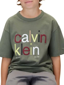 T-shirt en coton kaki uni à col rond avec le nom de la marque imprimé