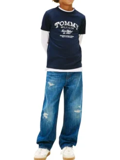 T-shirt en coton marine à coupe droite pourvu d'un imprimé de la marque