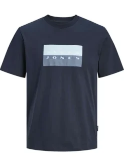 T-shirt en coton marine à coupe droite pourvu d'un col rond côtelé