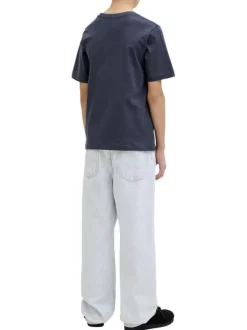 T-shirt en coton marine à coupe droite pourvu d'un col rond côtelé