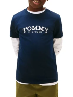 T-shirt en coton marine à coupe droite pourvu d'un imprimé de la marque