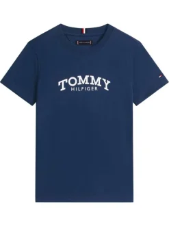 T-shirt en coton marine à coupe droite pourvu d'un imprimé de la marque