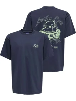 T-shirt en coton marine à imprimé avec une coupe droite et un col rond