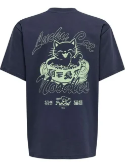 T-shirt en coton marine à imprimé avec une coupe droite et un col rond