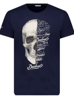 T-shirt en coton marine à imprimé tête de mort avec une coupe droite et col rond