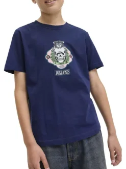 T-shirt en coton marine avec un imprimé squelette et un col rond