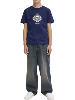 T-shirt en coton marine avec un imprimé squelette et un col rond