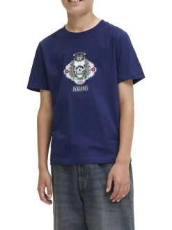 T-shirt en coton marine avec un imprimé squelette et un col rond