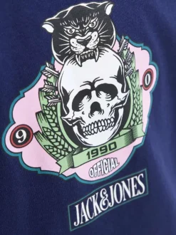 T-shirt en coton marine avec un imprimé squelette et un col rond