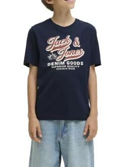 T-shirt en coton marine imprimé avec une coupe droite et nom iconique