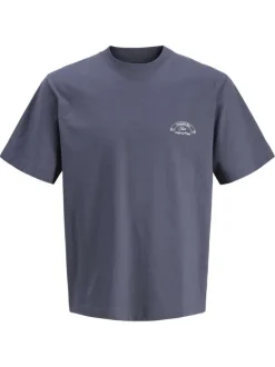 T-shirt en coton marine imprimé à coupe droite pourvu d'un col rond