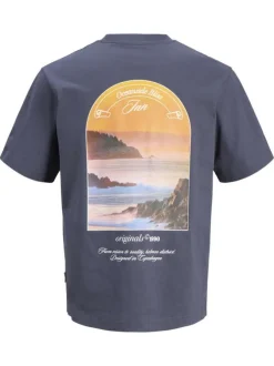 T-shirt en coton marine imprimé à coupe droite pourvu d'un col rond