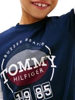 T-shirt en coton marine imprimé à coupe droite pourvu d'un col rond