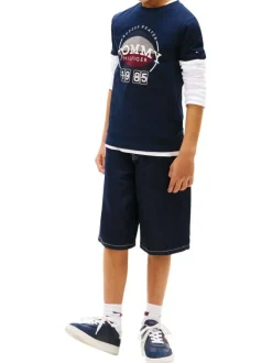 T-shirt en coton marine imprimé à coupe droite pourvu d'un col rond