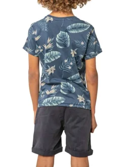 T-shirt en coton marine tropical pourvu d'une coupe droite et d'un col rond