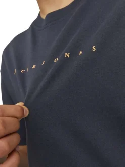 T-shirt en coton marine uni à coupe loose avec col rond et logo orange