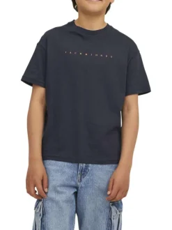 T-shirt en coton marine uni à coupe loose avec col rond et logo orange