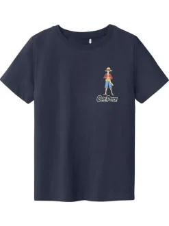 T-shirt en coton marine uni pourvu d'un imprimé one piece et d'un col rond