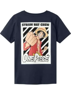 T-shirt en coton marine uni pourvu d'un imprimé one piece et d'un col rond