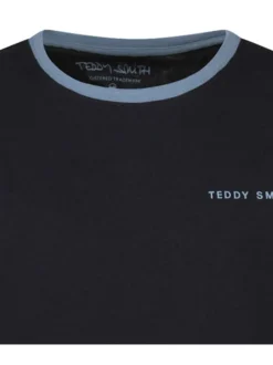T-shirt en coton marine uni avec une coupe droite et bord-côte bleu-ciel