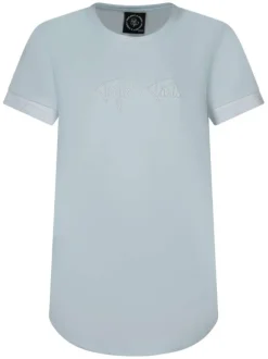 T-shirt en coton mélangé marine uni avec manches élastiquées et broderie