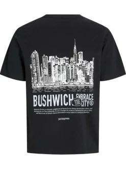 T-shirt en coton noir avec une coupe droite et un imprimé urbain