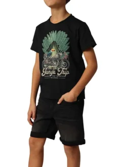 T-shirt en coton noir imprimé à la poitrine à coupe droite avec un col rond