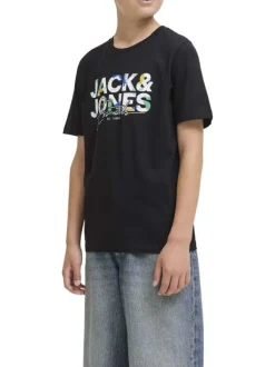 T-shirt en coton noir imprimé avec une coupe droite et un col rond