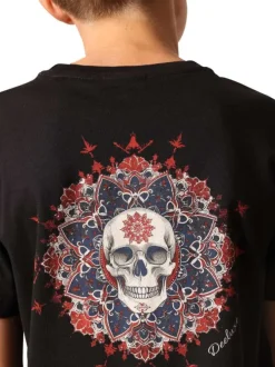 T-shirt en coton noir imprimé avec un col rond et des manches courtes