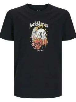 T-shirt en coton noir uni coupe droite avec imprimé tête de mort