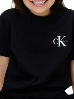 T-shirt en coton noir uni à col rond avec le logo imprimé à la poitrine