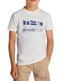 T-shirt en coton régénératif blanc à imprimé drapeau, coupe droite et col rond