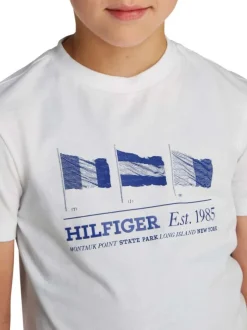 T-shirt en coton régénératif blanc à imprimé drapeau, coupe droite et col rond